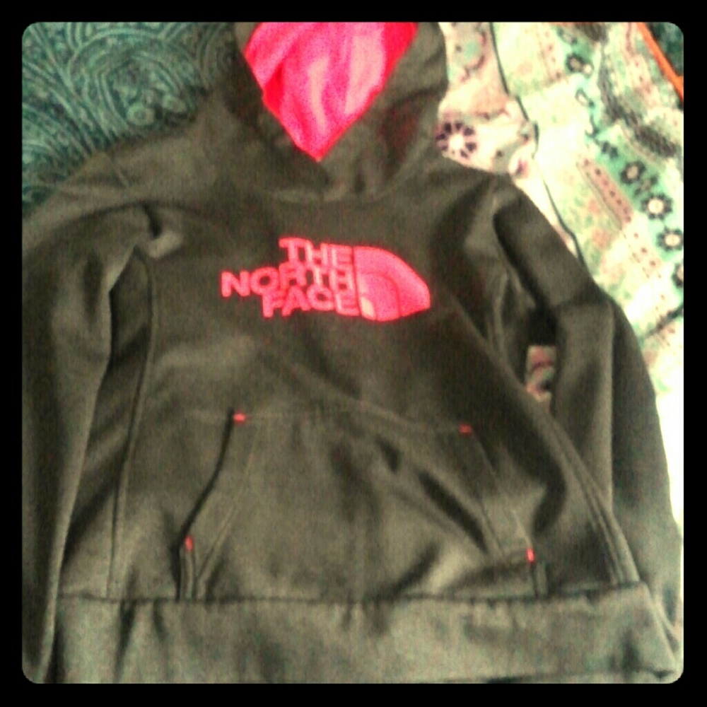 Grey and pink north face hoodie